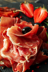 Concept of delicious food with jamon, close up