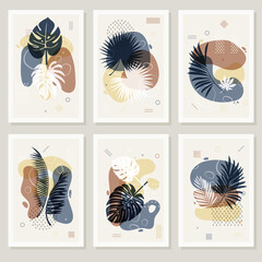 Six tropical leaves collages pastel colors