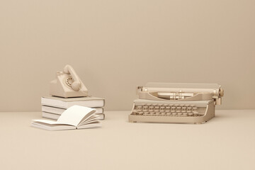 Typewriter machine with notebook on beige background.Room accessory in monochrome cream background, 3d rendering, decorative objects. Minimal composition for social media and workplace concept
