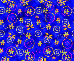 a metered pattern suitable for textiles consisting of flowers and circles