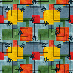 Seamless watercolor pattern with geometric ornament. Bright summer trend colors. Indian style. 