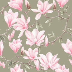 Watercolor seamless pattern with pink magnolia on green background. - obrazy, fototapety, plakaty