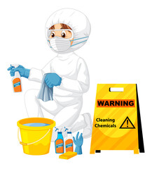 Man in protective hazmat suit with cleaning chemicals sign