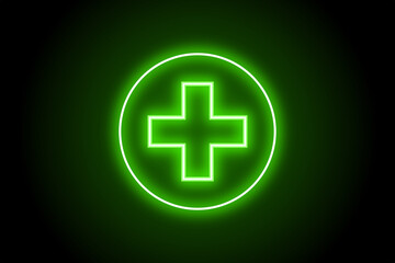 Glowing green neon plus add sign icon