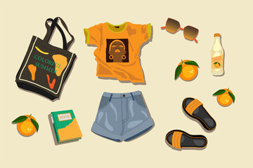 Summer bright look for girl. Trendy orange outfit. Hand-drawn vector illustration of denim shorts, T-shirts, sandals, glasses, bag, book, lemonade and oranges.
