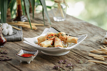 Gourmet portion of fried asian spring rolls