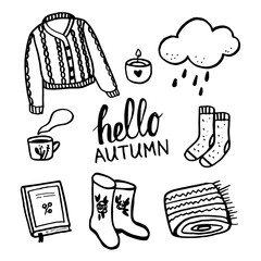 Hello Autumn doodle set Warm things. Vector illustration