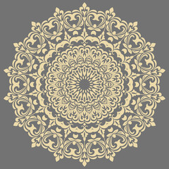 Oriental vector ornament with arabesques and floral elements. Traditional classic gray and yellow round ornament. Vintage pattern with arabesques