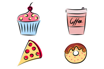 A set of hand drawn cute cupcake, coffee, pizza, and donut. Good for any project.