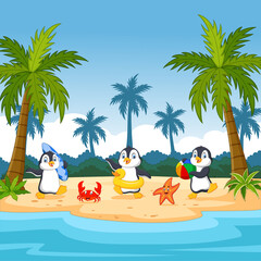Three cartoon penguins on a tropical island