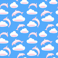 Seamless pattern of Clouds and Dolphins. Fabulous fantasy on background of dots. Pastel white and pink colors. Delicate design for wallpaper, fabrics, scrapbooking, digital, wrapping paper, background