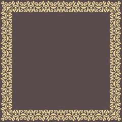 Classic vector vintage yellow square frame with arabesques and orient elements. Abstract ornament with place for text. Vintage pattern