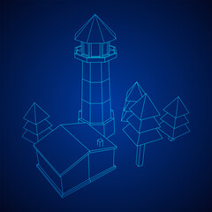 Lighthouse with house and trees landscape