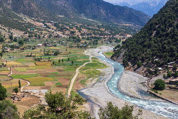 High angle view of river and fields in upper dir, kpk, Pakistan