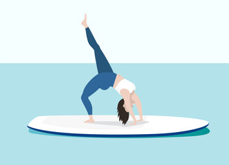 Woman doing exercise on sup board floating in sea. Flat style illustration in blue and white colors