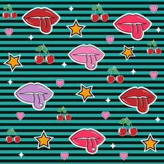 Vector lip pattern on a black-striped background. Wallpaper, fabric design, packaging, textile design template.