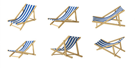multi angle beach chair or beach loungers with blue and white color cloth isolated on white background.