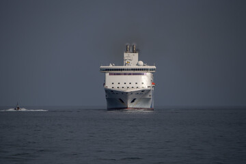 ferry ship frontal view while entering harbor