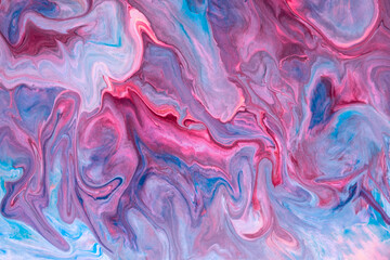 Abstract fluid art background blue, violet, pink color. Liquid marble. Acrylic painting on canvas with gradient. Copy space for text, design art work. Oil painting high resolution texture, backdrop