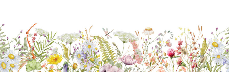 Wild flowers watercolor frame botanical hand drawn illustration - obrazy, fototapety, plakaty