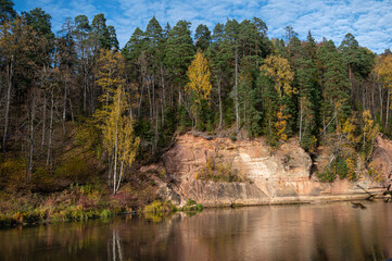 Devils rock and cave by the shores of the River Gauja, Sigulda, Latvia