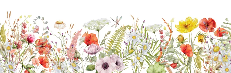 Fotobehang Wild flowers watercolor frame botanical hand drawn illustration © EvgeniiasArt