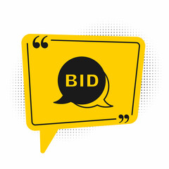 Black Bid icon isolated on white background. Auction bidding. Sale and buyers. Yellow speech bubble symbol. Vector