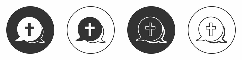 Black Christian cross icon isolated on white background. Church cross. Circle button. Vector