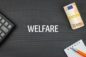 WELFARE - word (text) and euro money on a wooden background, calculator, pen and notepad. Business concept (copy space).
