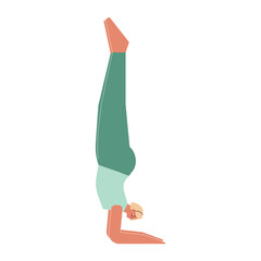 Vector isolated illustration with flat female character. Sportive woman learns posture at yoga class. Fitness exercise - Forearm Stand