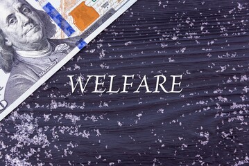 WELFARE - word (text) on a dark wooden background, money, dollars and snow. Business concept (copy space).