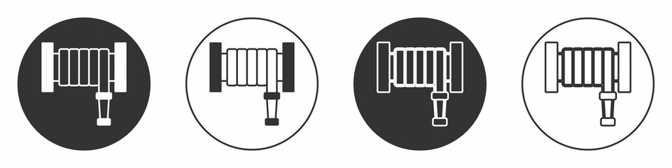 Black Fire hose reel icon isolated on white background. Circle button. Vector
