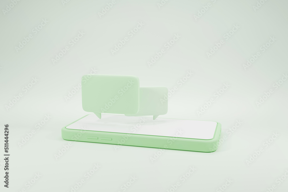 Poster two green bubble chat or comment with concept social media online on mobile. 3d cartoon smartphone w