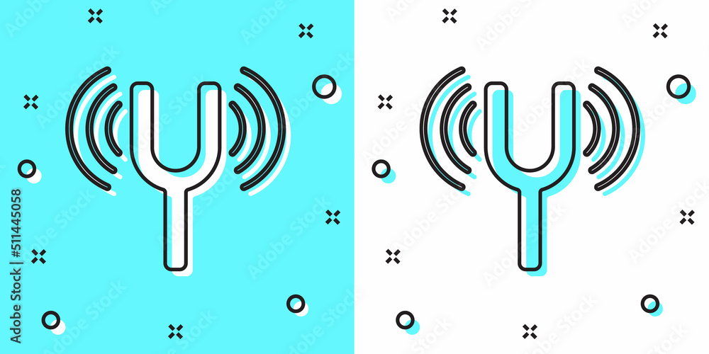 Poster black line musical tuning fork for tuning musical instruments icon isolated on green and white backg