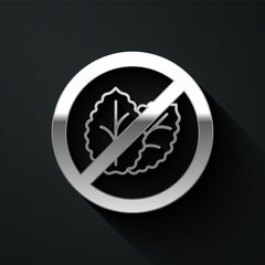 Silver No tobacco leaf icon isolated on black background. Tobacco leaves. Long shadow style. Vector