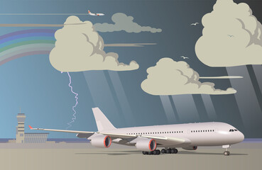The plane stands on the platform of the airport during a thunderstorm. Vector.