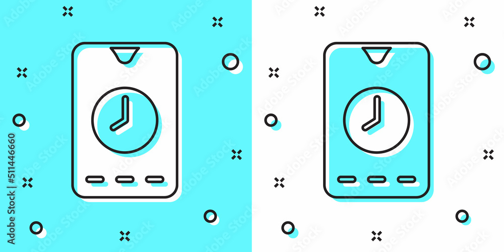Poster black line alarm clock app smartphone interface icon isolated on green and white background. random 