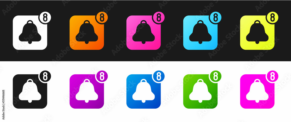 Poster set alarm clock app smartphone interface icon isolated on black and white background. vector