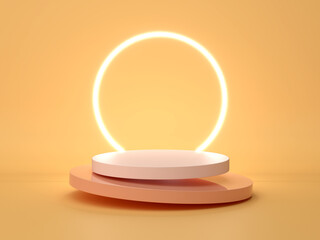 Background image for product placement in orange yellow pastel with a pedestal in the middle And the circle line has a back light. 3D scene.