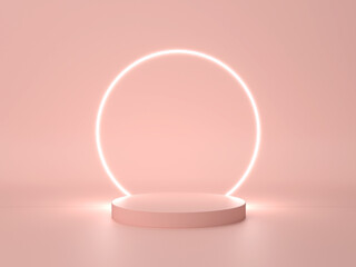 Pastel pink product placement background image with a pedestal in the middle And the circle line has a back light. 3D scene.