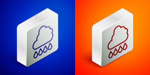 Isometric line Cloud with rain icon isolated on blue and orange background. Rain cloud precipitation with rain drops. Silver square button. Vector