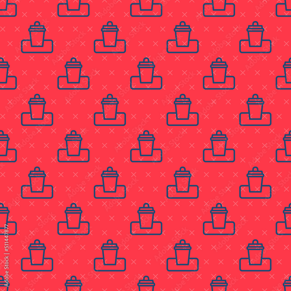 Poster blue line trash can icon isolated seamless pattern on red background. garbage bin sign. recycle bask