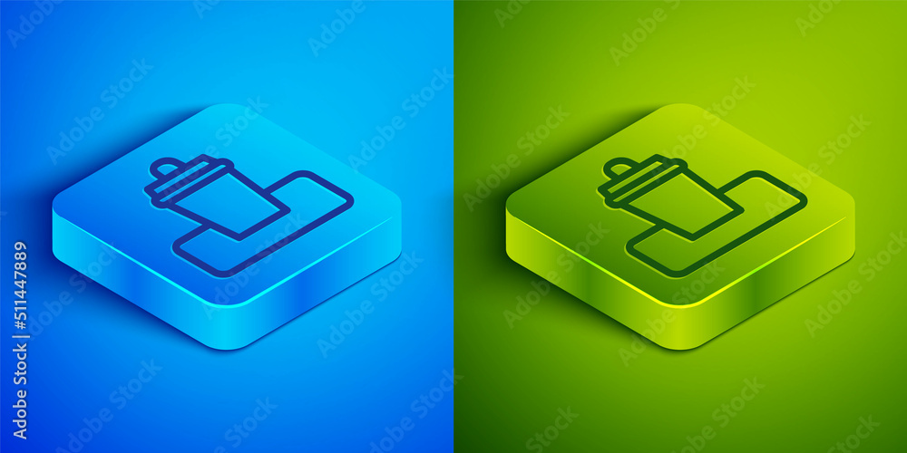 Poster isometric line trash can icon isolated on blue and green background. garbage bin sign. recycle baske