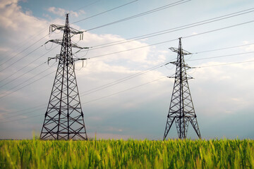 High voltage lines and power pylons in a flat and green agricultural landscape on a sunny day with...