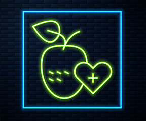 Glowing neon line Healthy fruit icon isolated on brick wall background. Vector