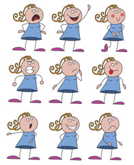 Petite fille personnage bâton avec diverses émotions