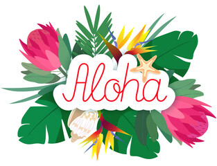 Aloha phrase with palm leaves and flowers on a background © olhatszrv