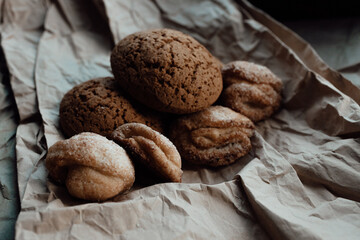 Bakery products. Homemade cookies with sugar on a paper background. Background image, copy space.