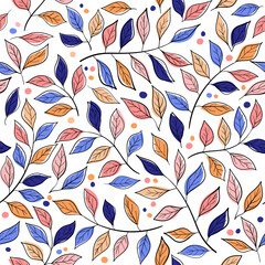 Colorful leaf and branch seamless pattern for nature background. Vector design with black line drawing