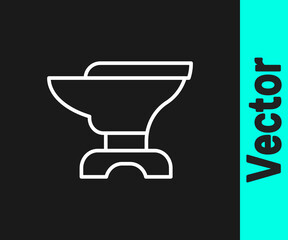 White line Anvil for blacksmithing and hammer icon isolated on black background. Metal forging. Forge tool. Vector